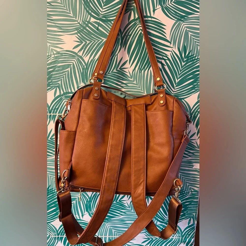 Mominside brown vegan leather convertible diaper bag backpack multiple pockets
